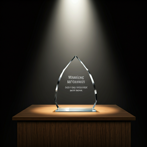 A glass award trophy sitting on a wooden podium lit by soft spotlighting