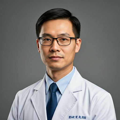Professional portrait of an Asian male doctor wearing glasses and a white coat against a neutral grey background