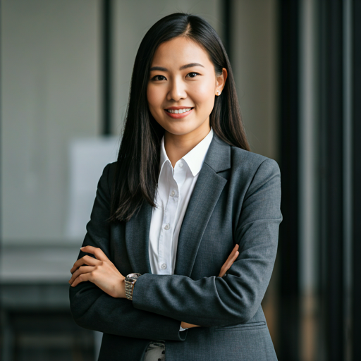 Portrait of an Asian female architect in business attire looking confident against a blurred office background